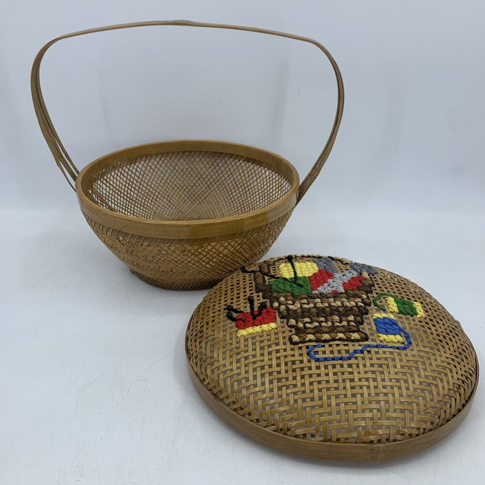 Vtg Rattan Sewing Basket Crochet Handmade‎ Boho Farmhouse Unique Cottagecore